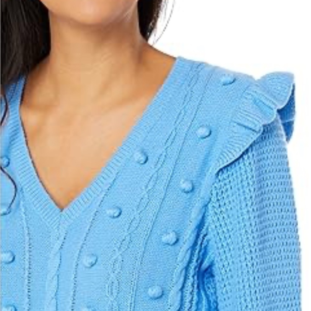 Lilly Pulitzer Greta Cable Knit Blue Textured Pom Pom Sweater XS EUC